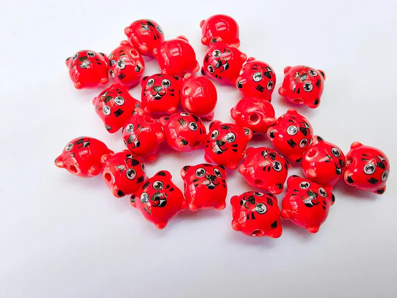 Porcelain Tiger Beads, Red Ceramic Animal Beads, Cute Cartoon Face, Round Hole, DIY Jewelry Making, Kids Craft Supplies, 11x11mm G37036