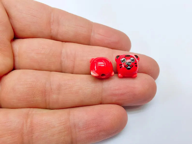 Porcelain Tiger Beads, Red Ceramic Animal Beads, Cute Cartoon Face, Round Hole, DIY Jewelry Making, Kids Craft Supplies, 11x11mm G37036