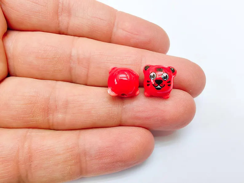 Porcelain Tiger Beads, Red Ceramic Animal Beads, Cute Cartoon Face, Round Hole, DIY Jewelry Making, Kids Craft Supplies, 11x11mm G37036