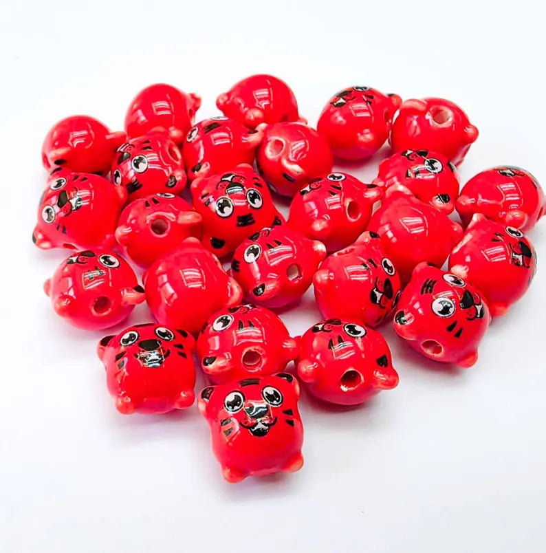 Porcelain Tiger Beads, Red Ceramic Animal Beads, Cute Cartoon Face, Round Hole, DIY Jewelry Making, Kids Craft Supplies, 11x11mm G37036
