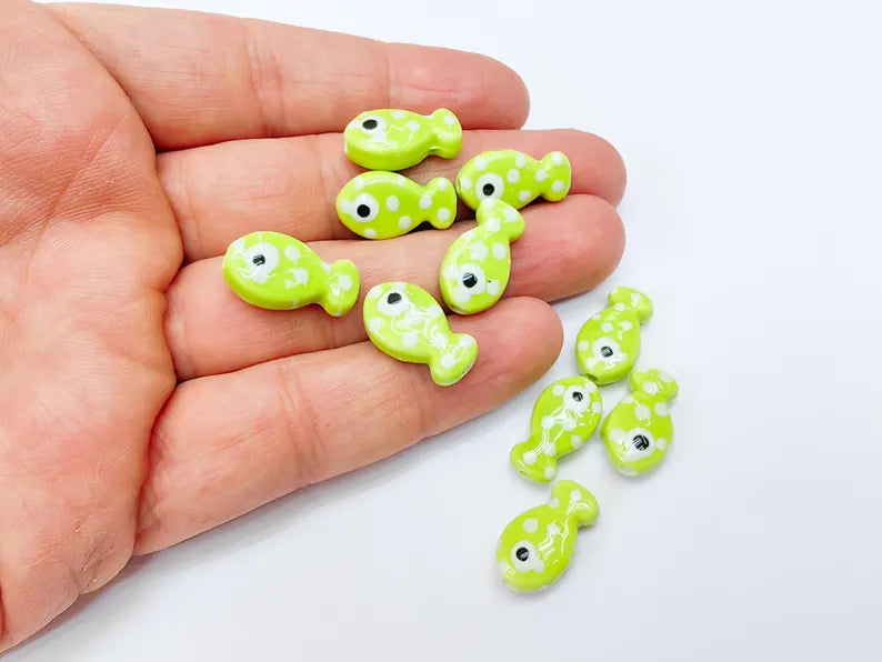 4 Porcelain Fish Beads, Green with White Dots, Ceramic Animal Beads, Flat Back, Cute Fish Charms, Jewelry Making Supplies 19x10mm G37037