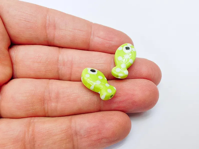 4 Porcelain Fish Beads, Green with White Dots, Ceramic Animal Beads, Flat Back, Cute Fish Charms, Jewelry Making Supplies 19x10mm G37037