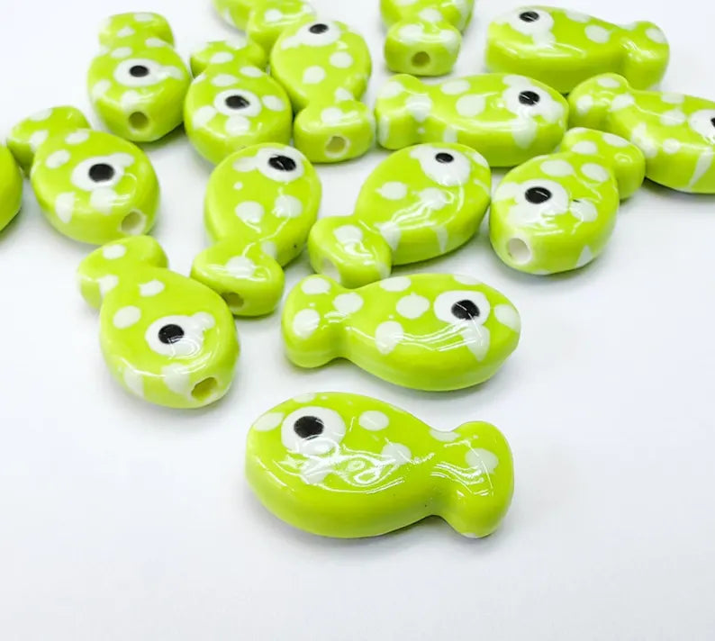 4 Porcelain Fish Beads, Green with White Dots, Ceramic Animal Beads, Flat Back, Cute Fish Charms, Jewelry Making Supplies 19x10mm G37037