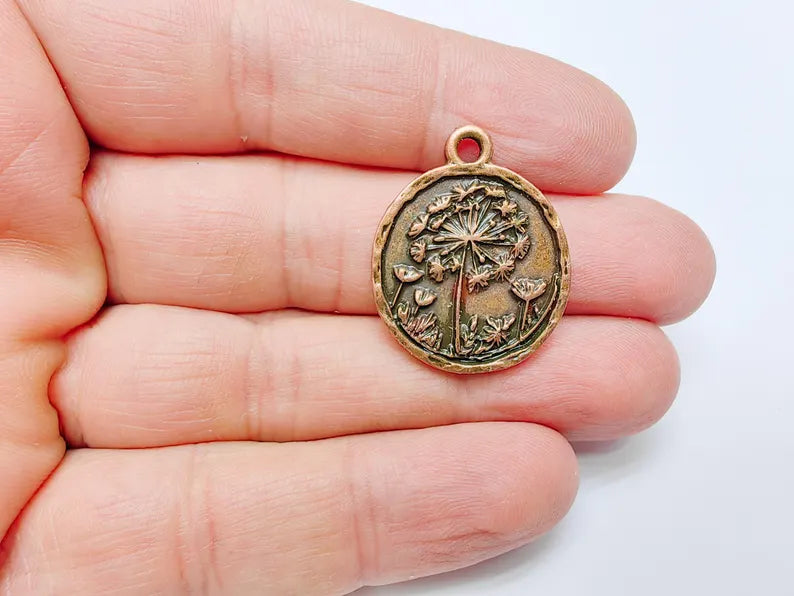 Vintage Dandelion Round Charms, Boho Tribal Statement Charm, Ethnic Boho Dangle Earring, Antique Copper Plated Zamac 29x23mm G37038
