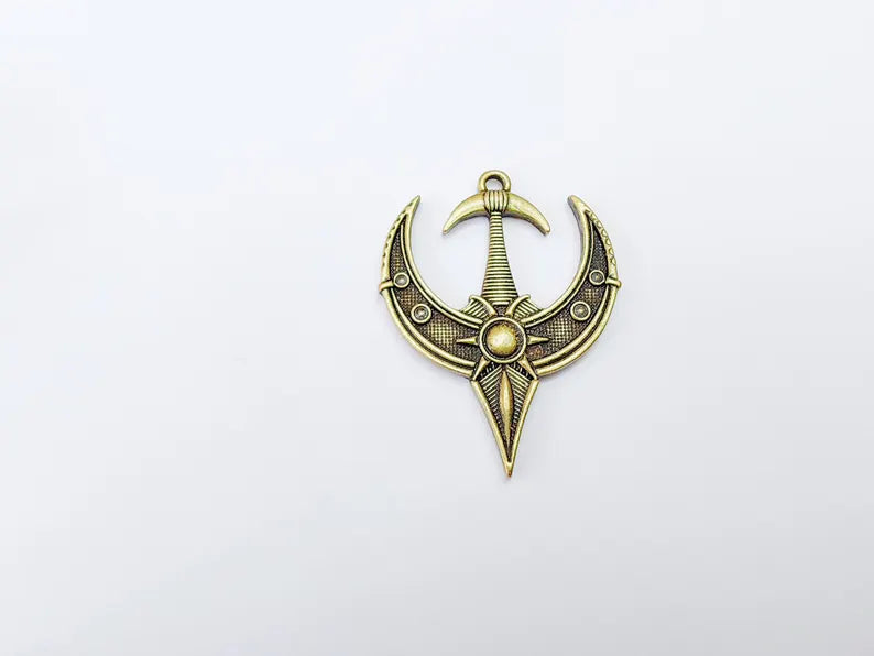 Mystical Bohemian Pendant, Mythology Crescent Charm, Tuareg Charm, Earring Charm, Gothic Pendant, Antique Bronze Plated Zamac 50x38mm G37040