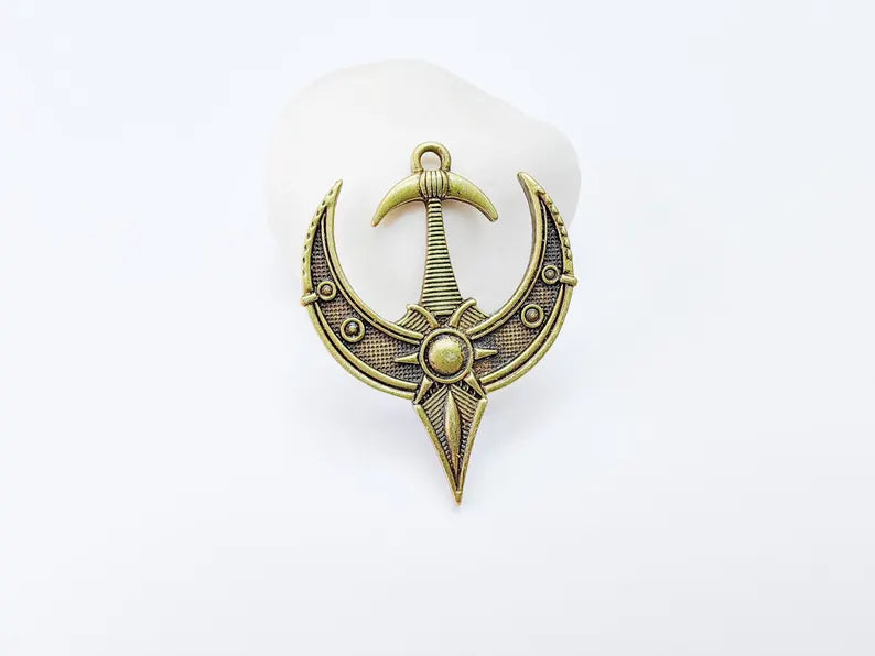 Mystical Bohemian Pendant, Mythology Crescent Charm, Tuareg Charm, Earring Charm, Gothic Pendant, Antique Bronze Plated Zamac 50x38mm G37040