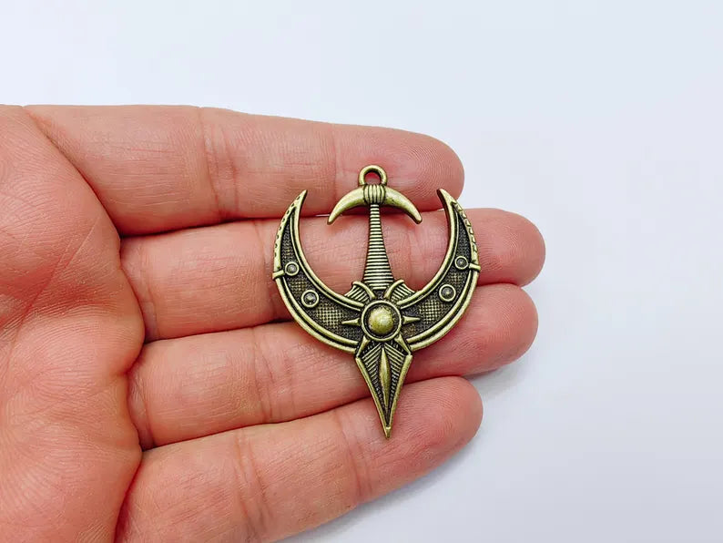 Mystical Bohemian Pendant, Mythology Crescent Charm, Tuareg Charm, Earring Charm, Gothic Pendant, Antique Bronze Plated Zamac 50x38mm G37040