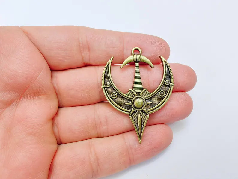 Mystical Bohemian Pendant, Mythology Crescent Charm, Tuareg Charm, Earring Charm, Gothic Pendant, Antique Bronze Plated Zamac 50x38mm G37040