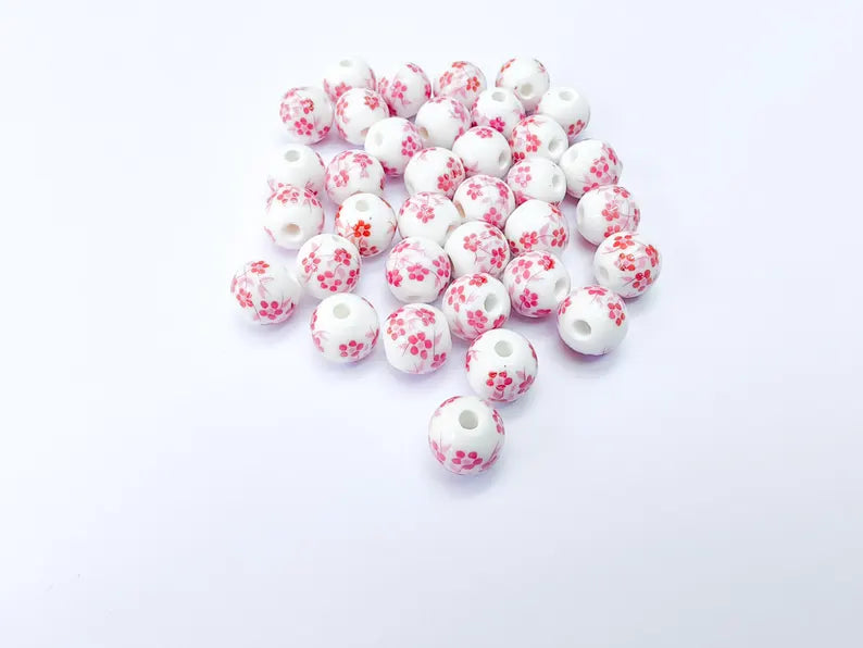 10 Round Flower Porcelain Beads, White and Pink Ceramic Beads with Floral Print, Glossy Surface, Romantic Style, DIY Jewelry Making 10mm G37041