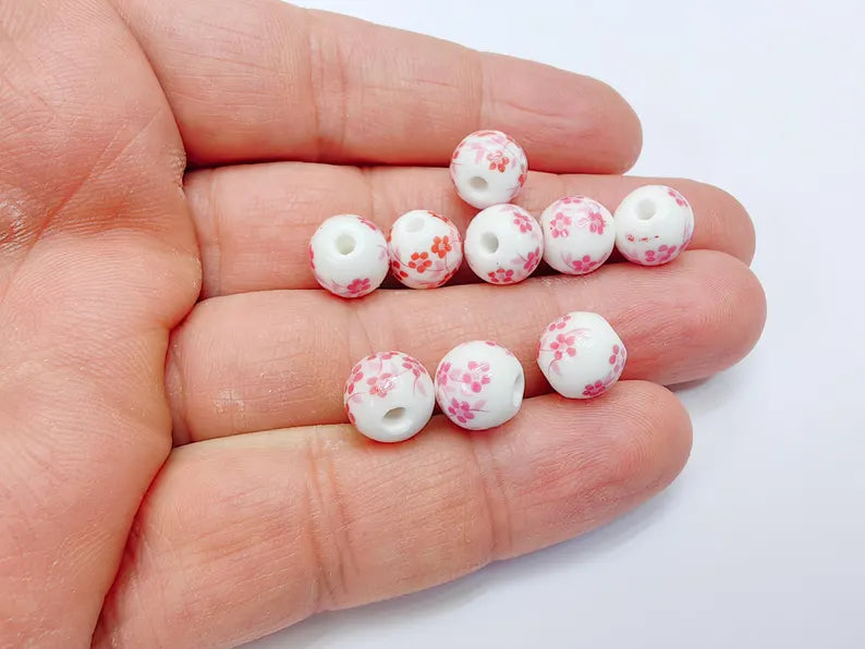 10 Round Flower Porcelain Beads, White and Pink Ceramic Beads with Floral Print, Glossy Surface, Romantic Style, DIY Jewelry Making 10mm G37041