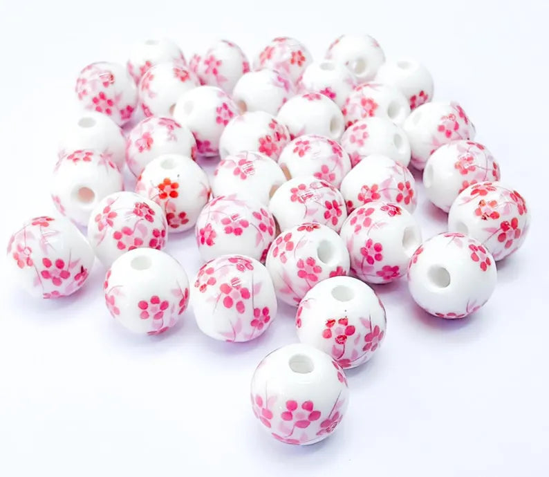 10 Round Flower Porcelain Beads, White and Pink Ceramic Beads with Floral Print, Glossy Surface, Romantic Style, DIY Jewelry Making 10mm G37041