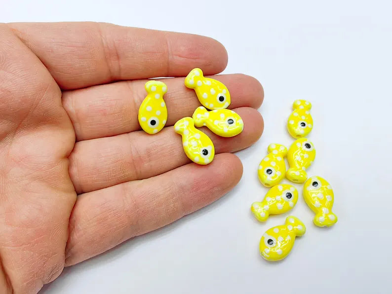 4 Porcelain Fish Beads, Yellow with White Dots, Ceramic Animal Beads, Flat Back, Cute Fish Charms, Jewelry Making Supplies 19x10mm G37042