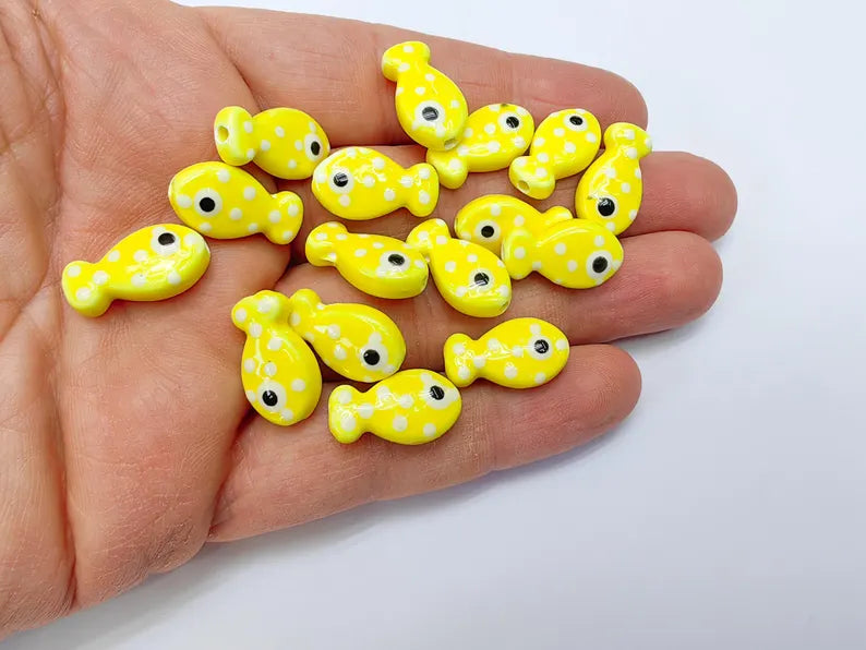4 Porcelain Fish Beads, Yellow with White Dots, Ceramic Animal Beads, Flat Back, Cute Fish Charms, Jewelry Making Supplies 19x10mm G37042