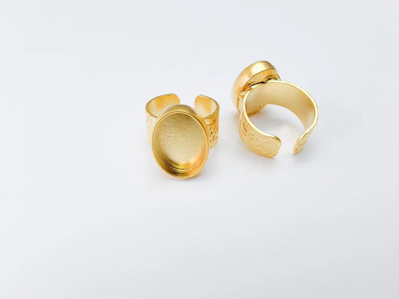 Oval Ring Blank Settings, Cabochon Mounting, Adjustable Gold Plated Resin Ring Base, Inlay Ring, Mosaic Epoxy Bezel Ring (18x13mm) G37095