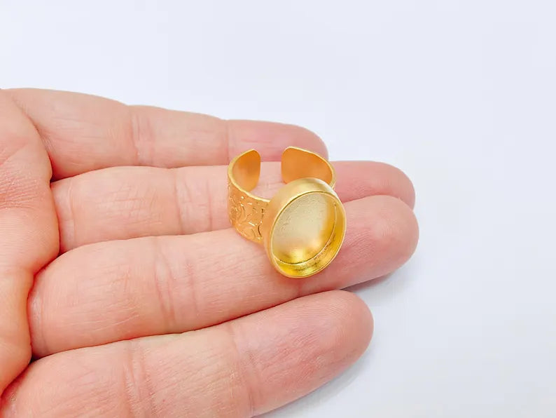Oval Ring Blank Settings, Cabochon Mounting, Adjustable Gold Plated Resin Ring Base, Inlay Ring, Mosaic Epoxy Bezel Ring (18x13mm) G37095