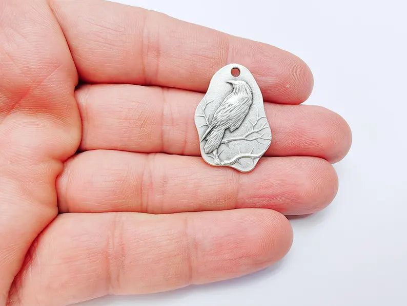 Raven Charm Charm, Gothic Boho Pendant, Bird on Branch Charm, Earring Charm, Crow Mystical Necklace, Antique Silver Plated 30x22mm G37098