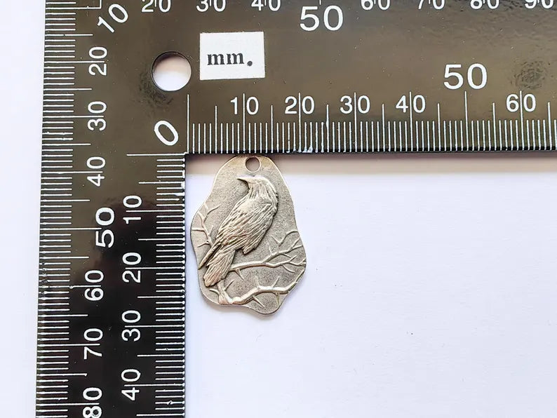 Raven Charm Charm, Gothic Boho Pendant, Bird on Branch Charm, Earring Charm, Crow Mystical Necklace, Antique Silver Plated 30x22mm G37098