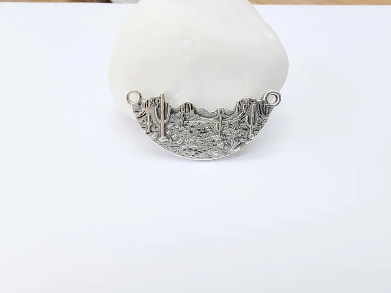 Desert Landscape Pendant Connector, Cactus Mountain Charms, Two Hole Charm for Boho and Nature Charm, Antique Silver Plated 36x16mm G37099