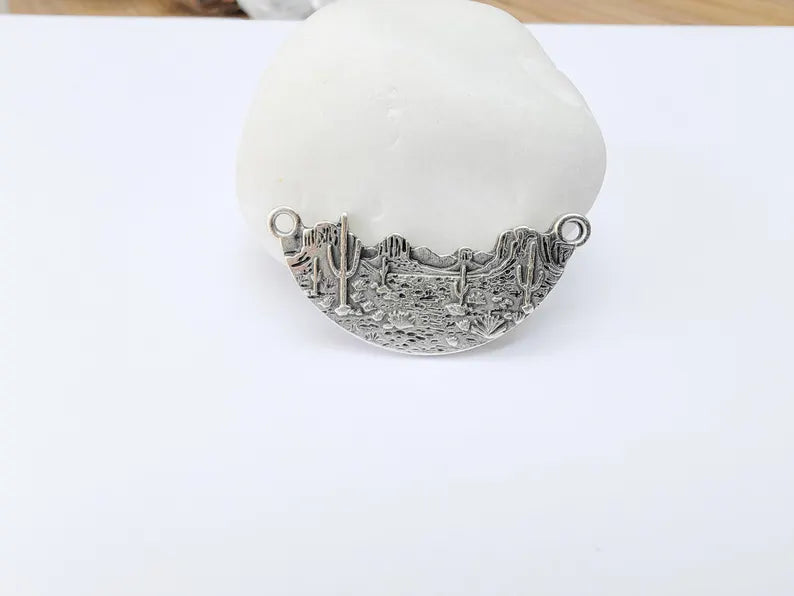 Desert Landscape Pendant Connector, Cactus Mountain Charms, Two Hole Charm for Boho and Nature Charm, Antique Silver Plated 36x16mm G37099