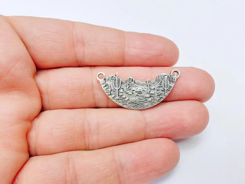 Desert Landscape Pendant Connector, Cactus Mountain Charms, Two Hole Charm for Boho and Nature Charm, Antique Silver Plated 36x16mm G37099