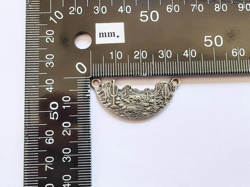Desert Landscape Pendant Connector, Cactus Mountain Charms, Two Hole Charm for Boho and Nature Charm, Antique Silver Plated 36x16mm G37099