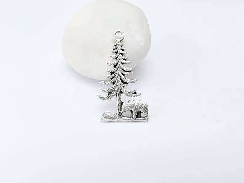 Bear and Tree Pendant, Forest Wildlife Charm, Hiking Camping Jewelry, Nature Earring, Rustic Outdoor, Antique Silver Plated 39x21mm G37100