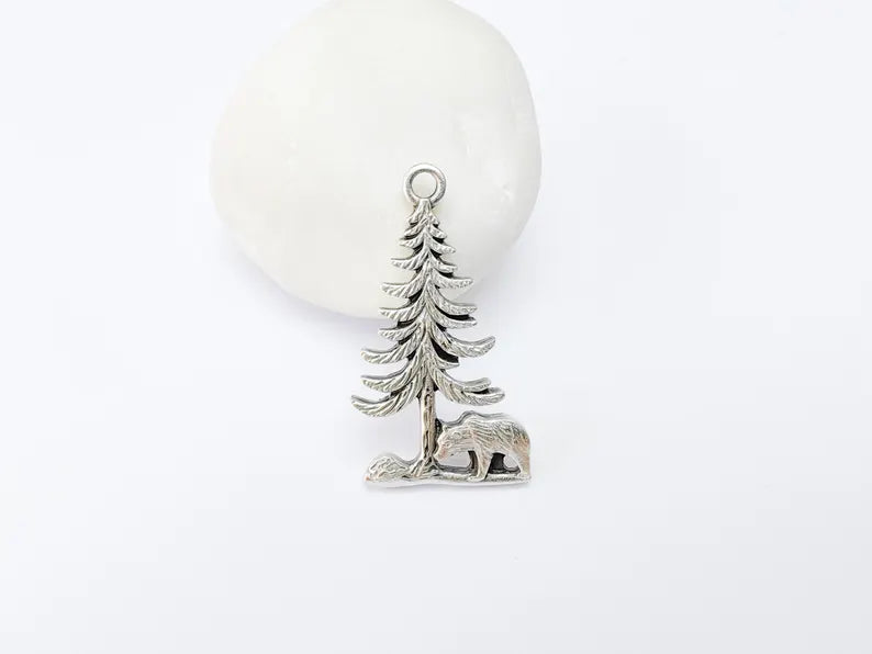Bear and Tree Pendant, Forest Wildlife Charm, Hiking Camping Jewelry, Nature Earring, Rustic Outdoor, Antique Silver Plated 39x21mm G37100