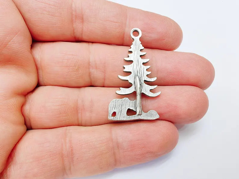 Bear and Tree Pendant, Forest Wildlife Charm, Hiking Camping Jewelry, Nature Earring, Rustic Outdoor, Antique Silver Plated 39x21mm G37100