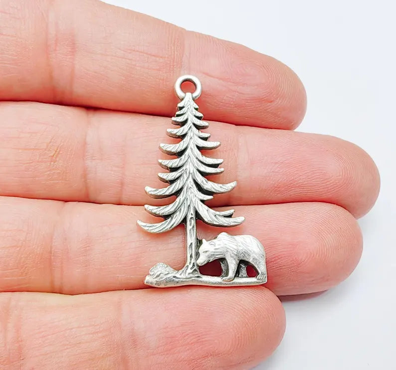 Bear and Tree Pendant, Forest Wildlife Charm, Hiking Camping Jewelry, Nature Earring, Rustic Outdoor, Antique Silver Plated 39x21mm G37100