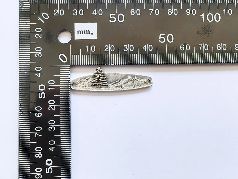 Mountain Tree Bar Pendant Connector, Forest Landscape Bracelet Charm, Nature Outdoor Necklace Jewelry, Antique Silver Plated 44x13mm G37101