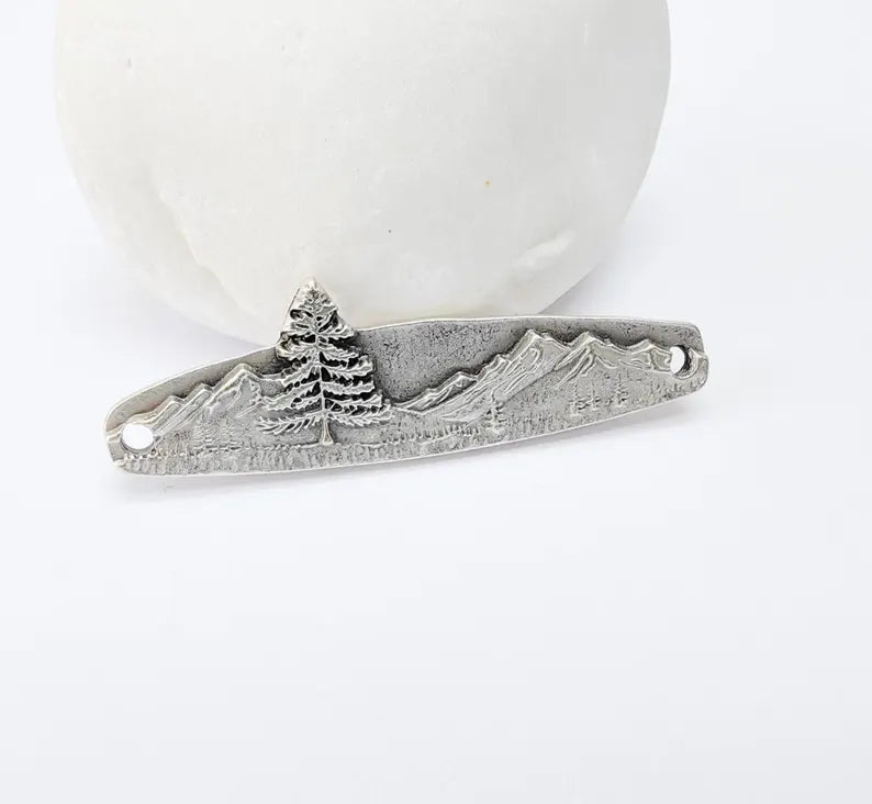 Mountain Tree Bar Pendant Connector, Forest Landscape Bracelet Charm, Nature Outdoor Necklace Jewelry, Antique Silver Plated 44x13mm G37101
