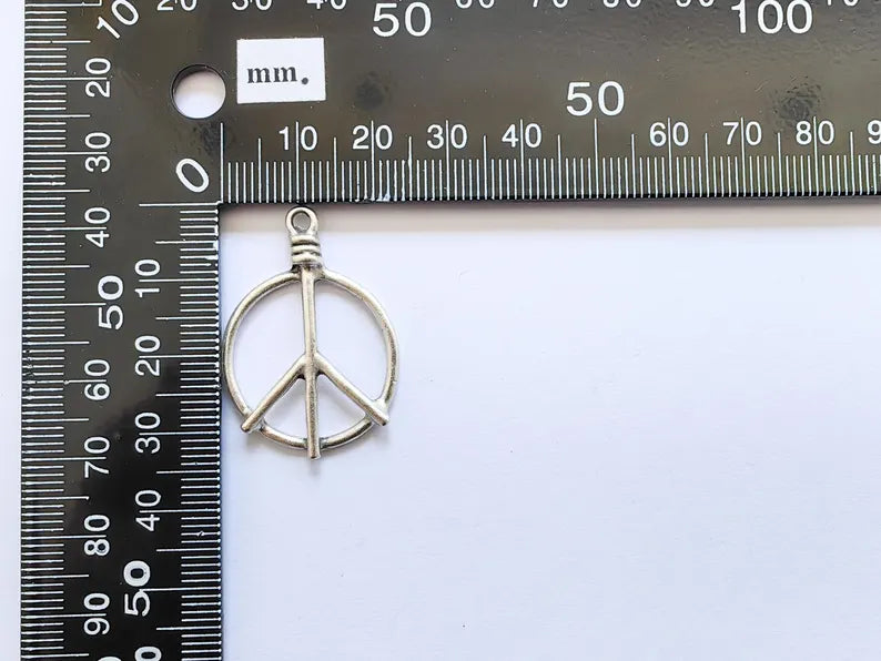 2 Peace Symbol Pendant Charm, Boho Hippie Jewelry Supply, Spiritual Retro 60s Style Necklace Component, Antique Silver Plated 34x24mm G37102