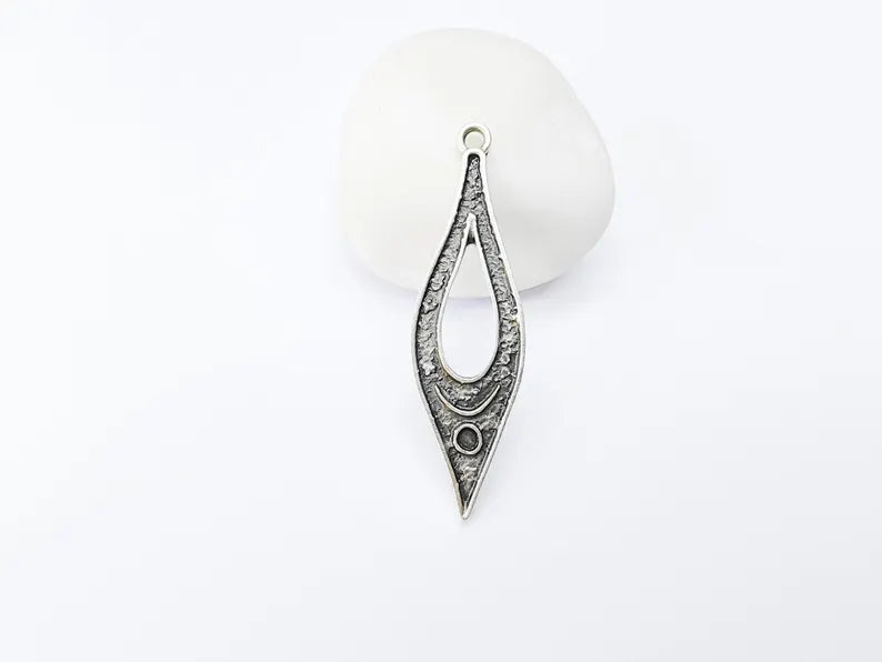 Boho Dangle Charm, Moon Pendant with Crescent and Circle Symbols, Spiritual Necklace Component, Antique Silver Plated 60x17mm G37103
