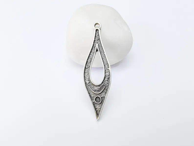 Boho Dangle Charm, Moon Pendant with Crescent and Circle Symbols, Spiritual Necklace Component, Antique Silver Plated 60x17mm G37103