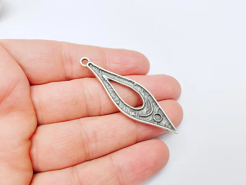 Boho Dangle Charm, Moon Pendant with Crescent and Circle Symbols, Spiritual Necklace Component, Antique Silver Plated 60x17mm G37103