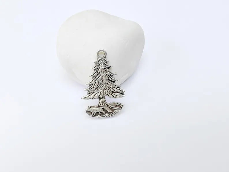 Fox and Tree Charm, Wolf Pine Tree Pendant, Wilderness Nature Earring, Boho Necklace Outdoor Accessory, Antique Silver Plated 36x23mm G37104