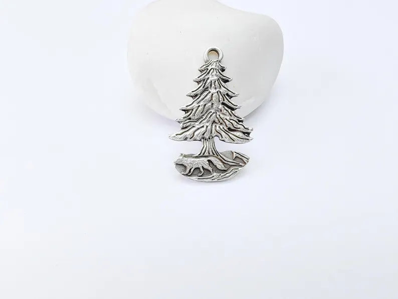 Fox and Tree Charm, Wolf Pine Tree Pendant, Wilderness Nature Earring, Boho Necklace Outdoor Accessory, Antique Silver Plated 36x23mm G37104