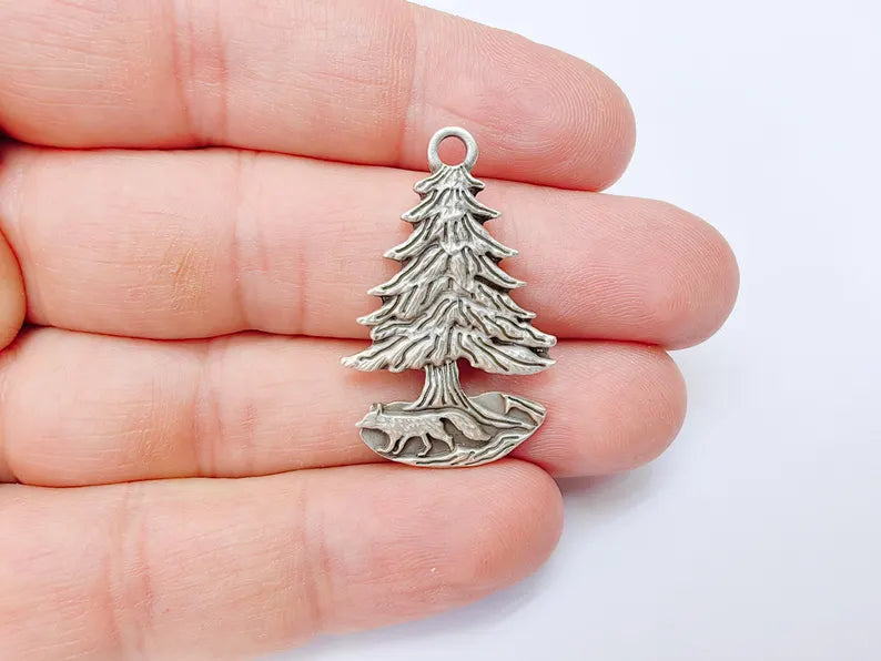Fox and Tree Charm, Wolf Pine Tree Pendant, Wilderness Nature Earring, Boho Necklace Outdoor Accessory, Antique Silver Plated 36x23mm G37104