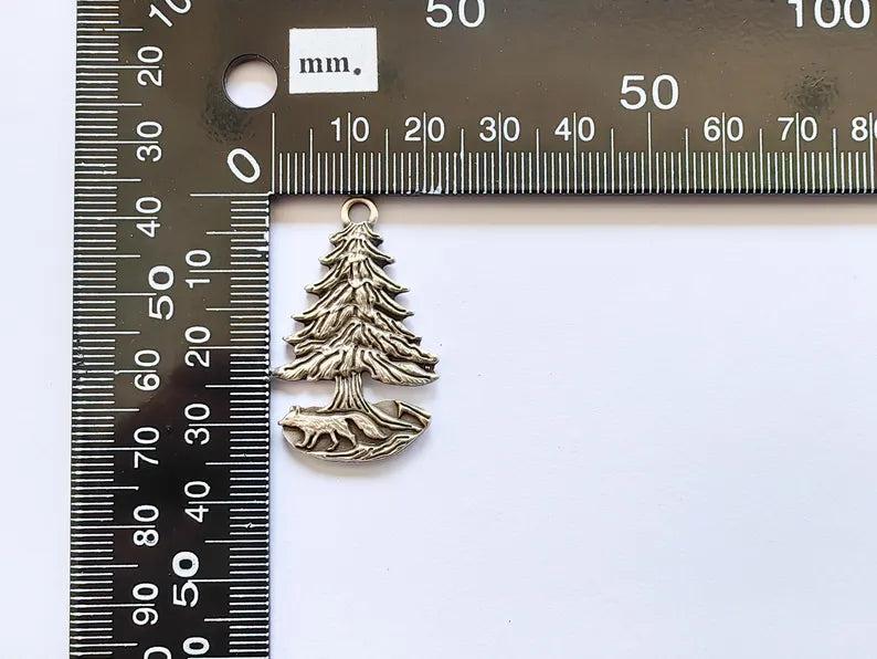 Fox and Tree Charm, Wolf Pine Tree Pendant, Wilderness Nature Earring, Boho Necklace Outdoor Accessory, Antique Silver Plated 36x23mm G37104