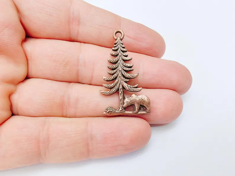 Bear and Tree Pendant, Forest Wildlife Charm, Hiking Camping Jewelry, Nature Earring, Rustic Outdoor, Antique Copper Plated 39x21mm G37105