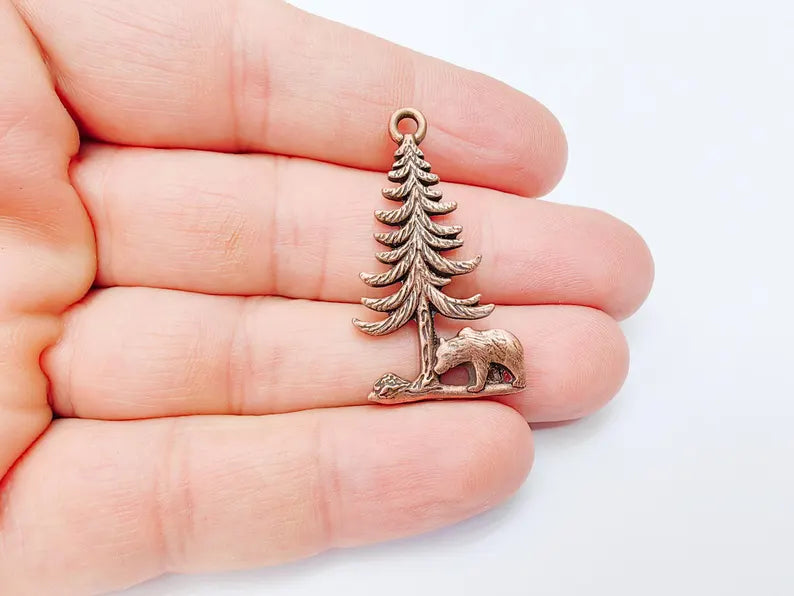 Bear and Tree Pendant, Forest Wildlife Charm, Hiking Camping Jewelry, Nature Earring, Rustic Outdoor, Antique Copper Plated 39x21mm G37105