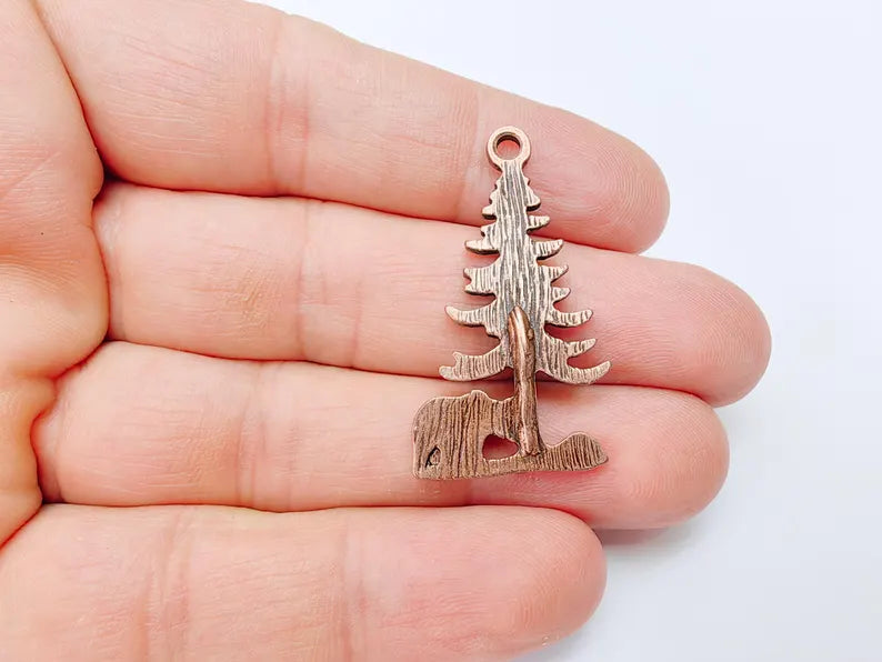 Bear and Tree Pendant, Forest Wildlife Charm, Hiking Camping Jewelry, Nature Earring, Rustic Outdoor, Antique Copper Plated 39x21mm G37105