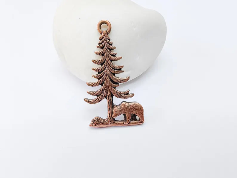 Bear and Tree Pendant, Forest Wildlife Charm, Hiking Camping Jewelry, Nature Earring, Rustic Outdoor, Antique Copper Plated 39x21mm G37105