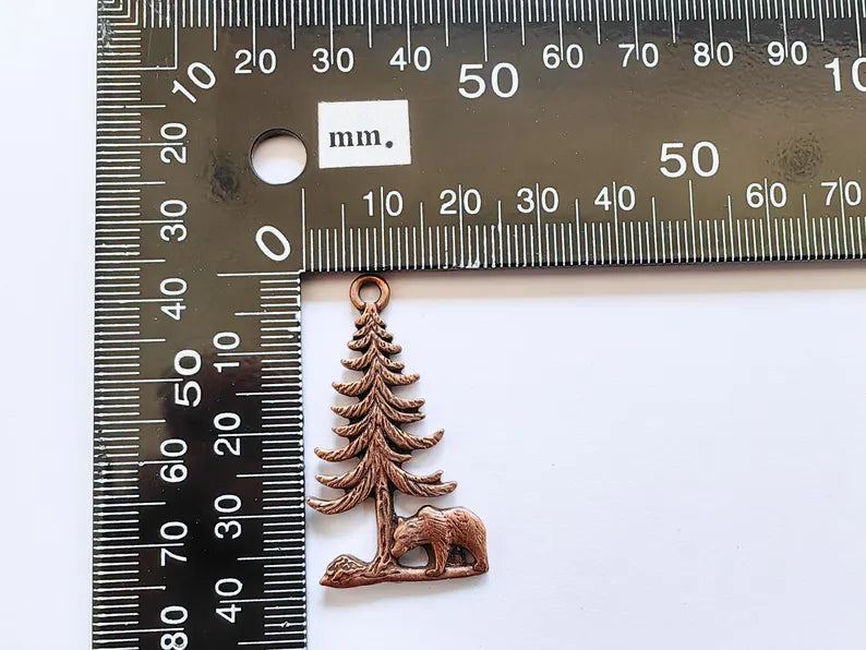 Bear and Tree Pendant, Forest Wildlife Charm, Hiking Camping Jewelry, Nature Earring, Rustic Outdoor, Antique Copper Plated 39x21mm G37105