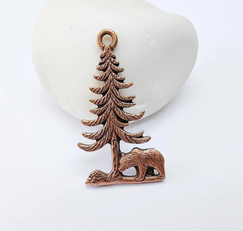 Bear and Tree Pendant, Forest Wildlife Charm, Hiking Camping Jewelry, Nature Earring, Rustic Outdoor, Antique Copper Plated 39x21mm G37105