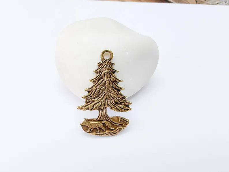Fox and Tree Charm, Wolf Pine Tree Pendant, Wilderness Nature Earring, Boho Necklace Outdoor Accessory, Antique Bronze Plated 36x23mm G37106