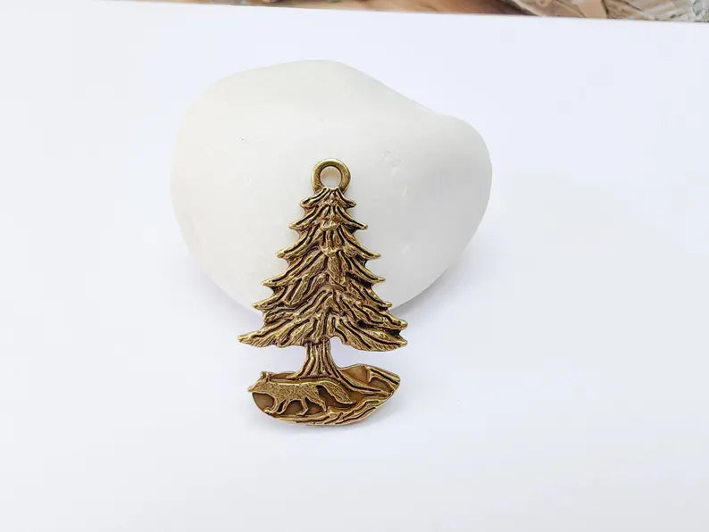 Fox and Tree Charm, Wolf Pine Tree Pendant, Wilderness Nature Earring, Boho Necklace Outdoor Accessory, Antique Bronze Plated 36x23mm G37106
