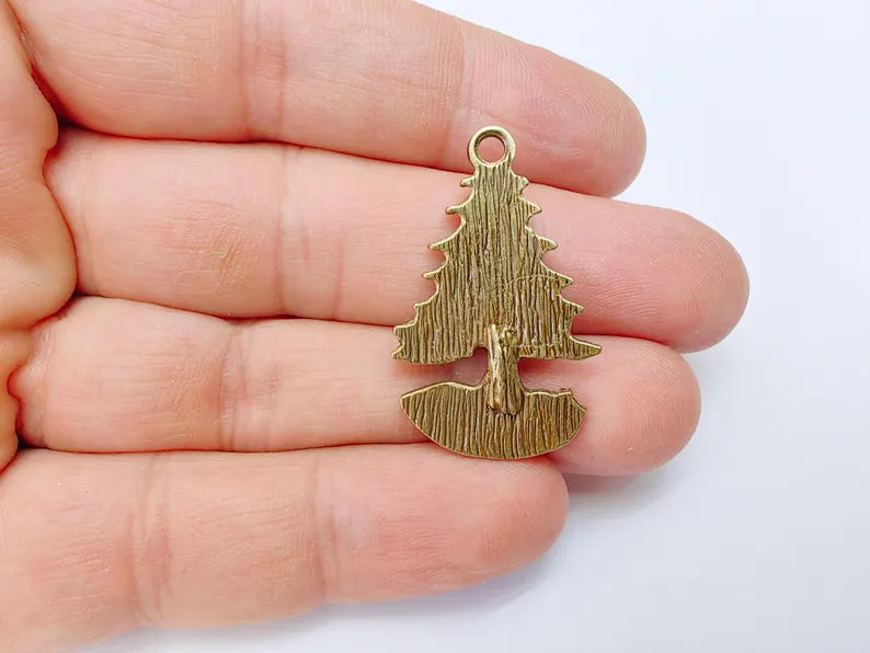 Fox and Tree Charm, Wolf Pine Tree Pendant, Wilderness Nature Earring, Boho Necklace Outdoor Accessory, Antique Bronze Plated 36x23mm G37106