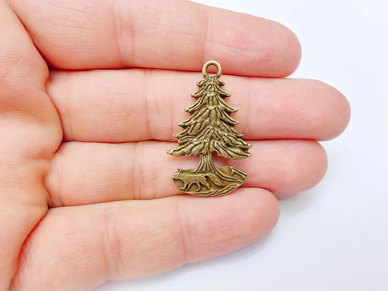 Fox and Tree Charm, Wolf Pine Tree Pendant, Wilderness Nature Earring, Boho Necklace Outdoor Accessory, Antique Bronze Plated 36x23mm G37106