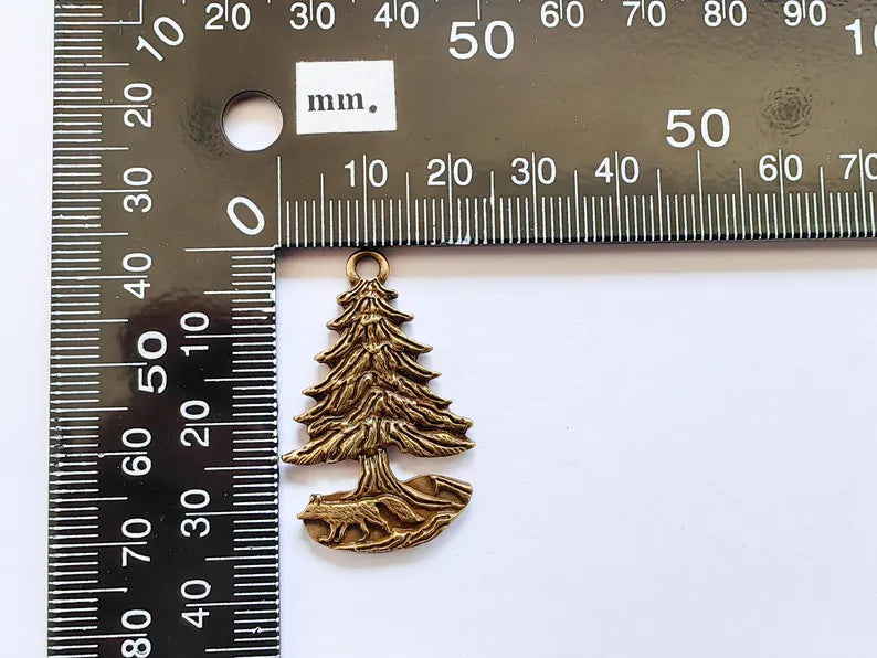 Fox and Tree Charm, Wolf Pine Tree Pendant, Wilderness Nature Earring, Boho Necklace Outdoor Accessory, Antique Bronze Plated 36x23mm G37106